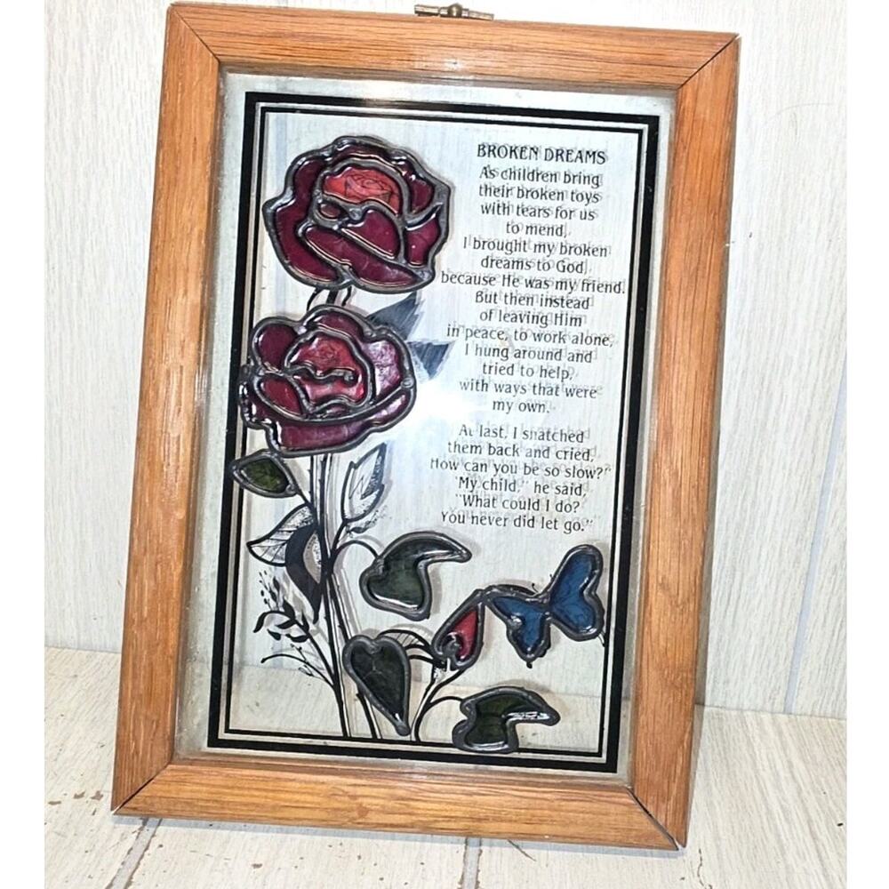 Vtg Faux Stained Glass Style Broken Dreams Poem Wall Decor Roses Blue Butterfly